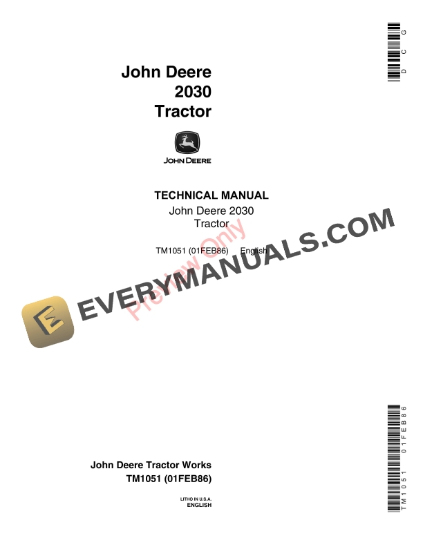 John Deere 2030 Utility Tractor Technical Manual TM1051 01FEB86 1