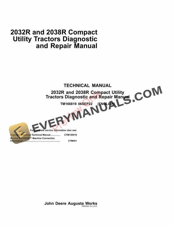 John Deere 2032R and 2038R Compact Utility Tractors Technical Manual TM166819 06SEP22
