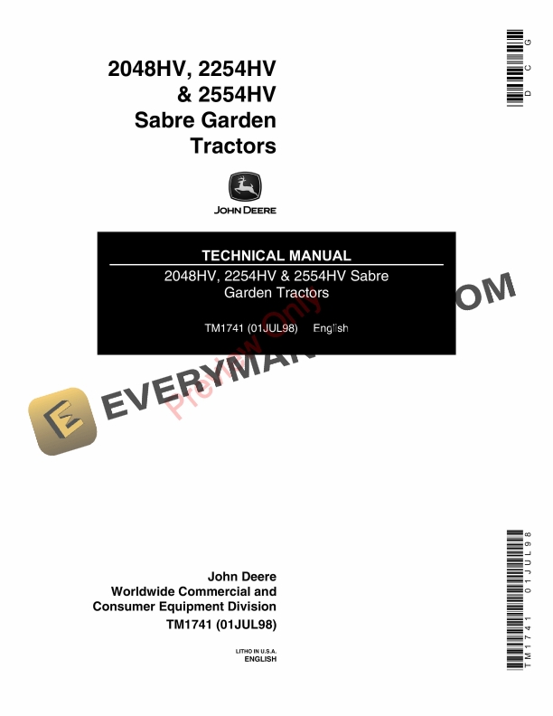 John Deere 2048HV 2254HV and 2554HV Sabre Garden Tractors Technical Manual TM1741 01JUL98 1
