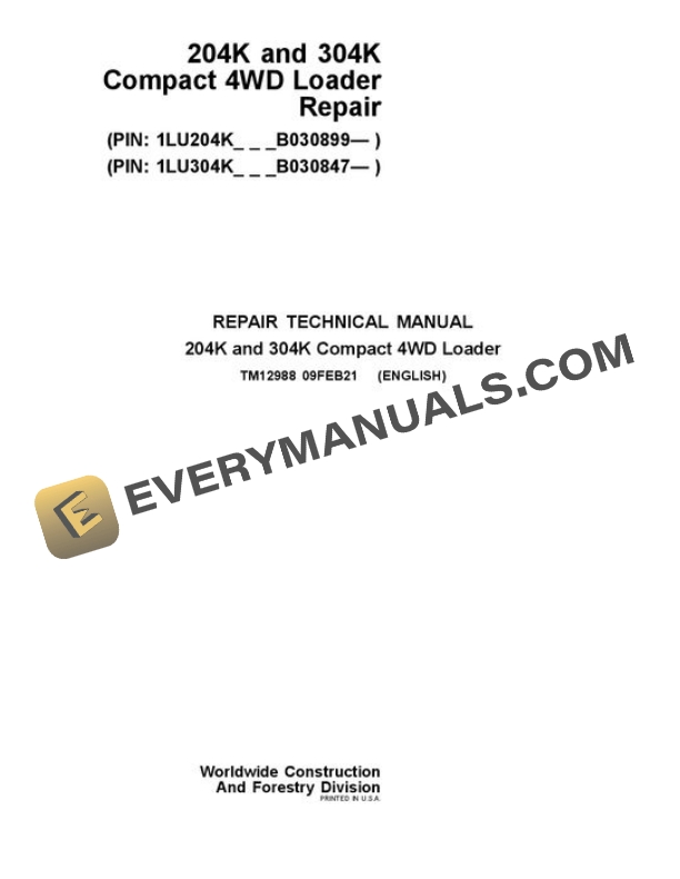 John Deere 204K 304K Loader Repair Manual TM12988