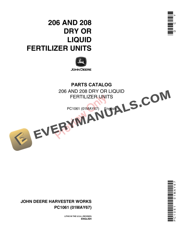 John Deere 206, 208 Dry or Liquid Fertilizer Units Parts Catalog PC1061 01MAY67