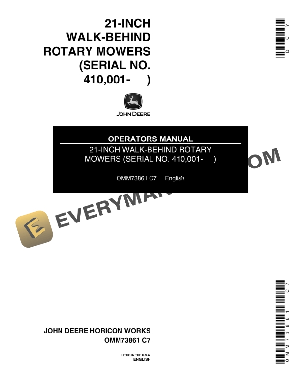 John Deere 21 INCH WALK BEHIND ROTARY MOWERS Operator Manual OMM73861 1