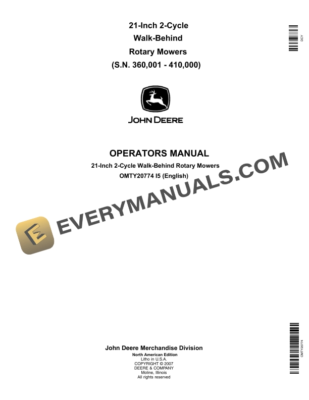 John Deere 21 Inch 2 Cycle Walk Behind Rotary Mowers S.N. 360001 Operator Manual OMTY20774 1