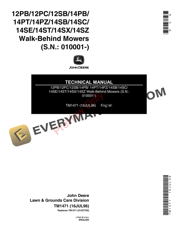 John Deere 21 Inch Walk Behind Rotary Mowers Technical Manual TM1471 16JUL96 1