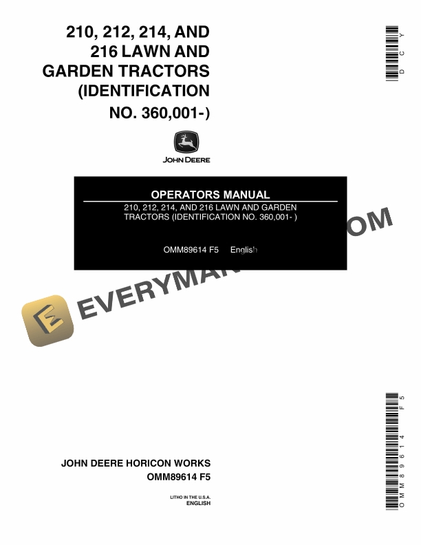 John Deere 210 212 214 AND 216 LAWN AND GARDEN TRACTORS Operator Manual OMM89614 1