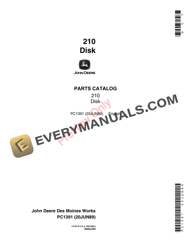 John Deere 210 Disk Parts Catalog PC1391 20JUN89