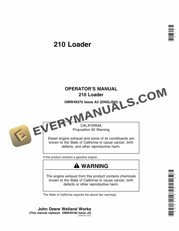 John Deere 210 Loader Operator Manual OMW49370 1