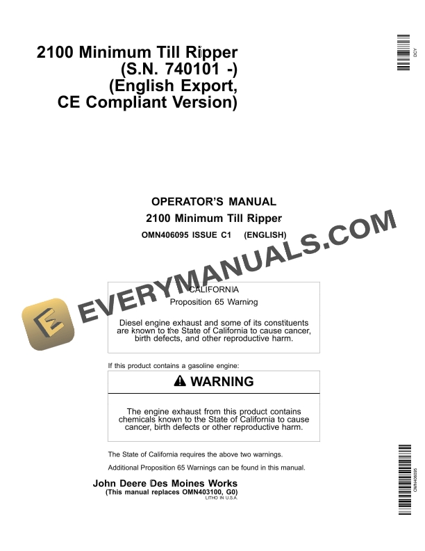 John Deere 2100 Minimum Till Ripper S.N. 740101 ­ Operator Manual OMN406095 1