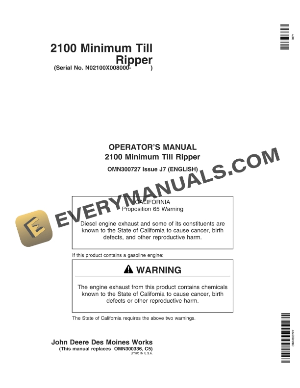 John Deere 2100 Minimum Till Ripper Operator Manual OMN300727 3 John Deere 2100 Minimum Till Ripper Operator Manual OMN300727