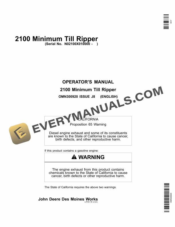 John Deere 2100 Minimum Till Ripper Serial No. N02100X010000 Operator Manual OMN300920 1