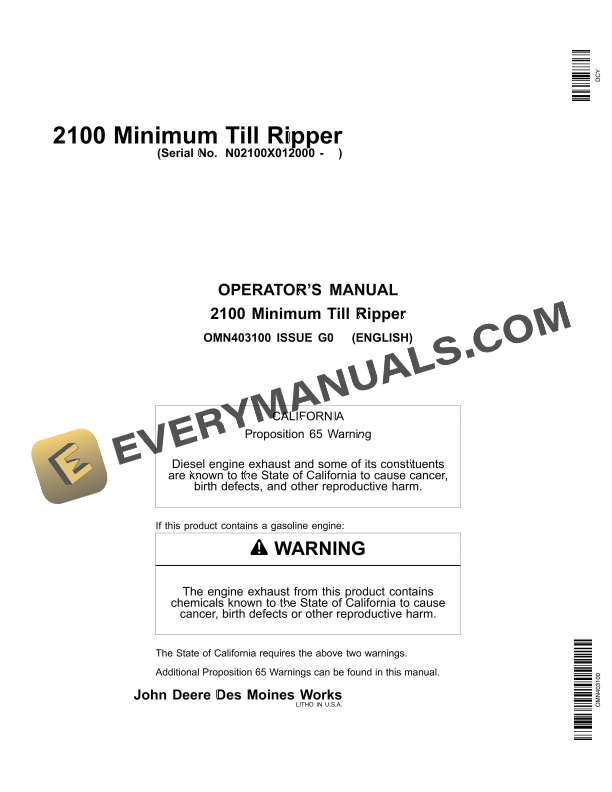 John Deere 2100 Minimum Till Ripper Serial No. N02100X012000 ­ Operator Manual OMN403100 1