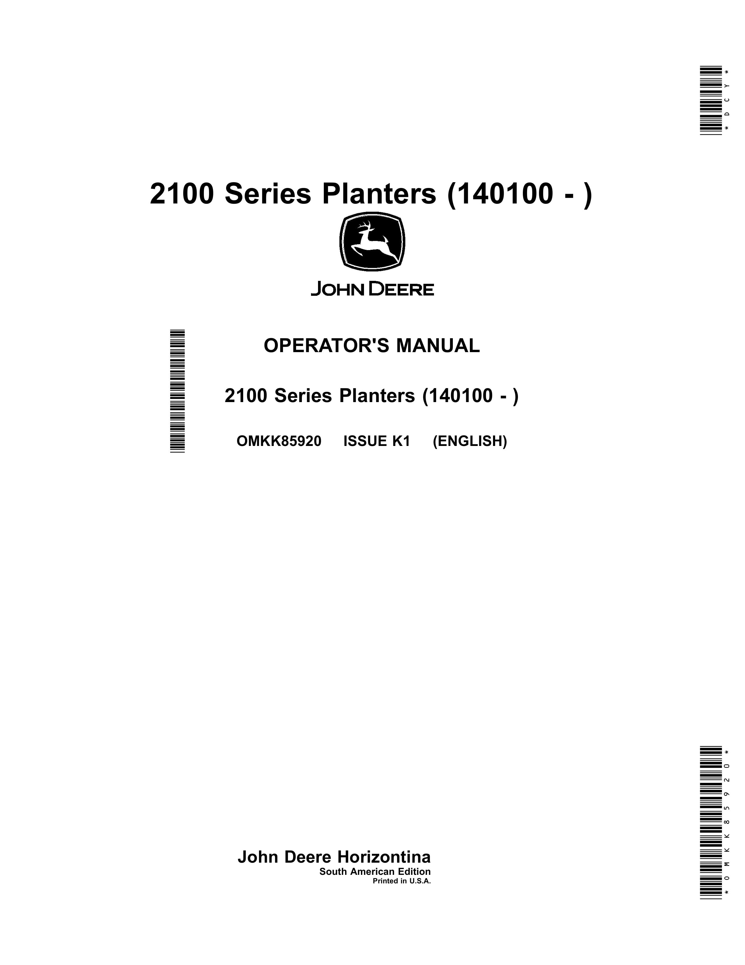 John Deere 2100 Series Planter Operator Manual OMKK85920 1