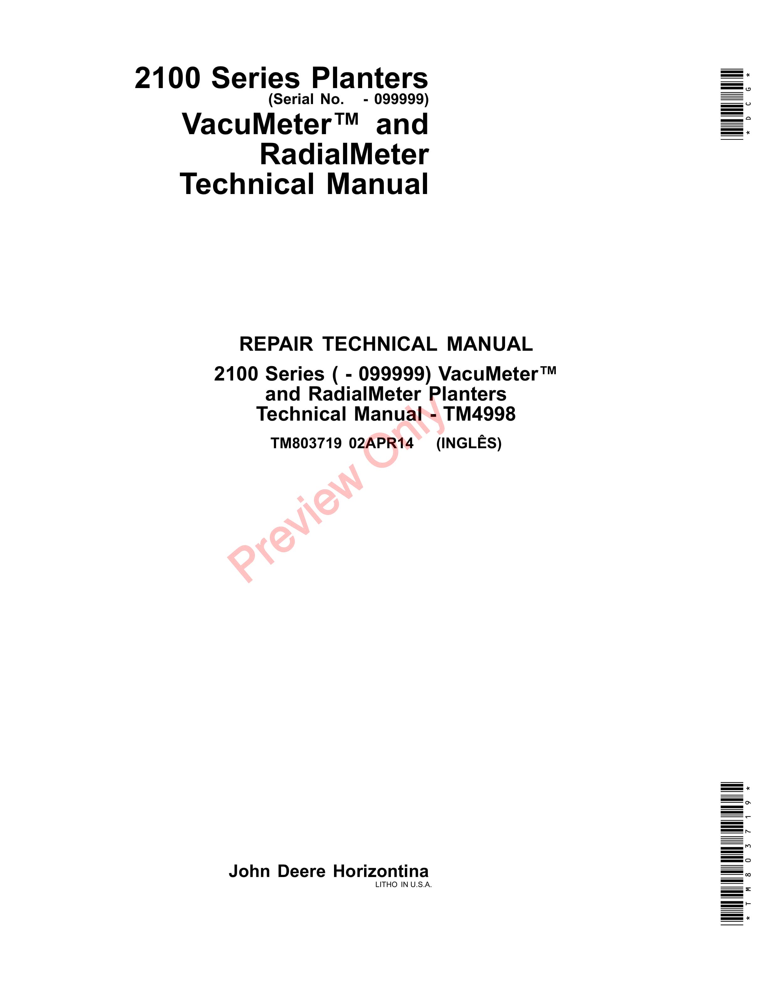 John Deere 2100 Series Planters VacuMeter and RadialMeter Technical Manual TM803719 02APR14 1
