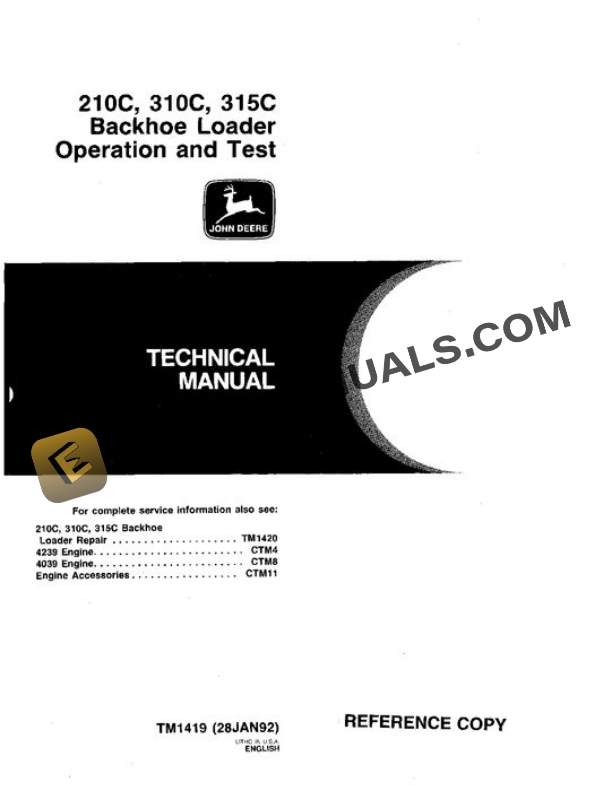 John Deere 210C 310C 315C 315CH Backhoe Test Manual TM1419