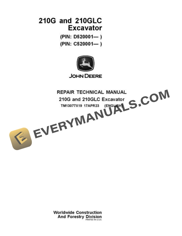 John Deere 210GLC Excavator Repair Manual TM13077X19