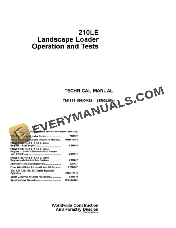 John Deere 210LE Landscape Loader Test Manual TM1691 09NOV22 PDF