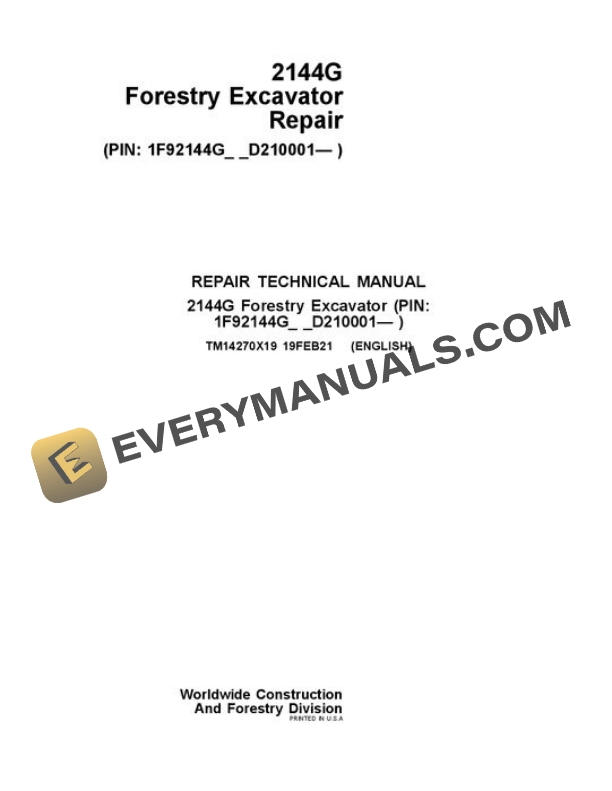 John Deere 2144G Excavator Repair Manual TM14270X19