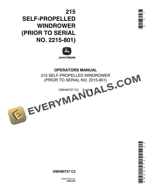 John Deere 215 Self-Propelled Windrower Operator Manual OMH90727