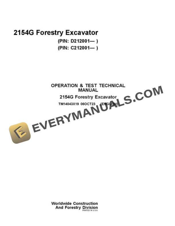 John Deere 2154G Excavator Test Manual TM14043X19