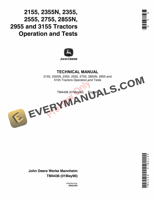 John Deere 2155 2355N 2555 2755 2855N 2955 3155 Tractors Technical Manual TM4436 01MAY90 1
