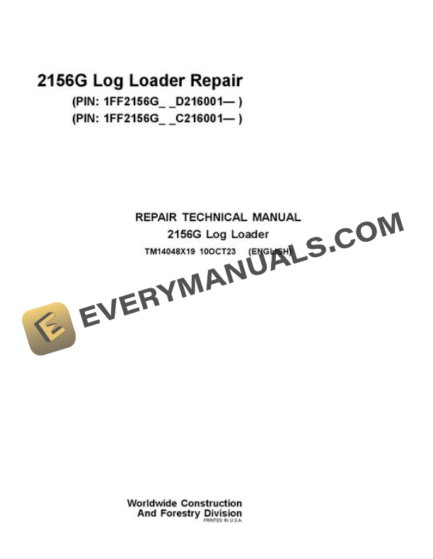 John Deere 2156G Log Loader Repair Manual TM14048X19