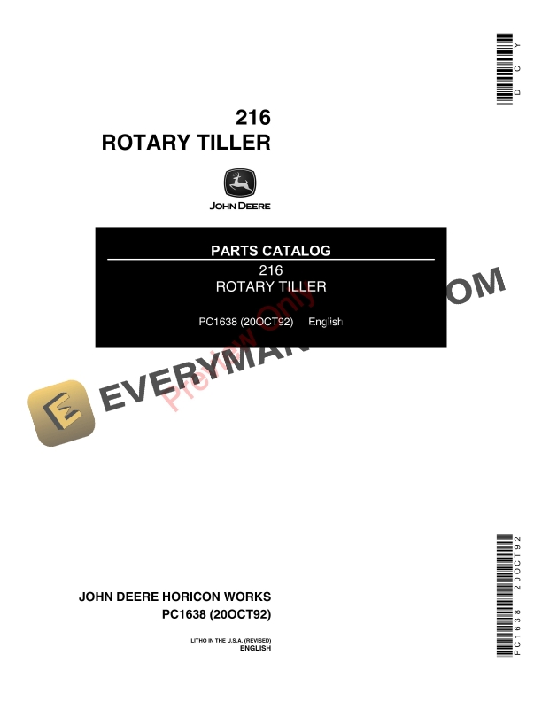John Deere 216 Walk-Behind Tiller Parts Catalog PC1638 20OCT92