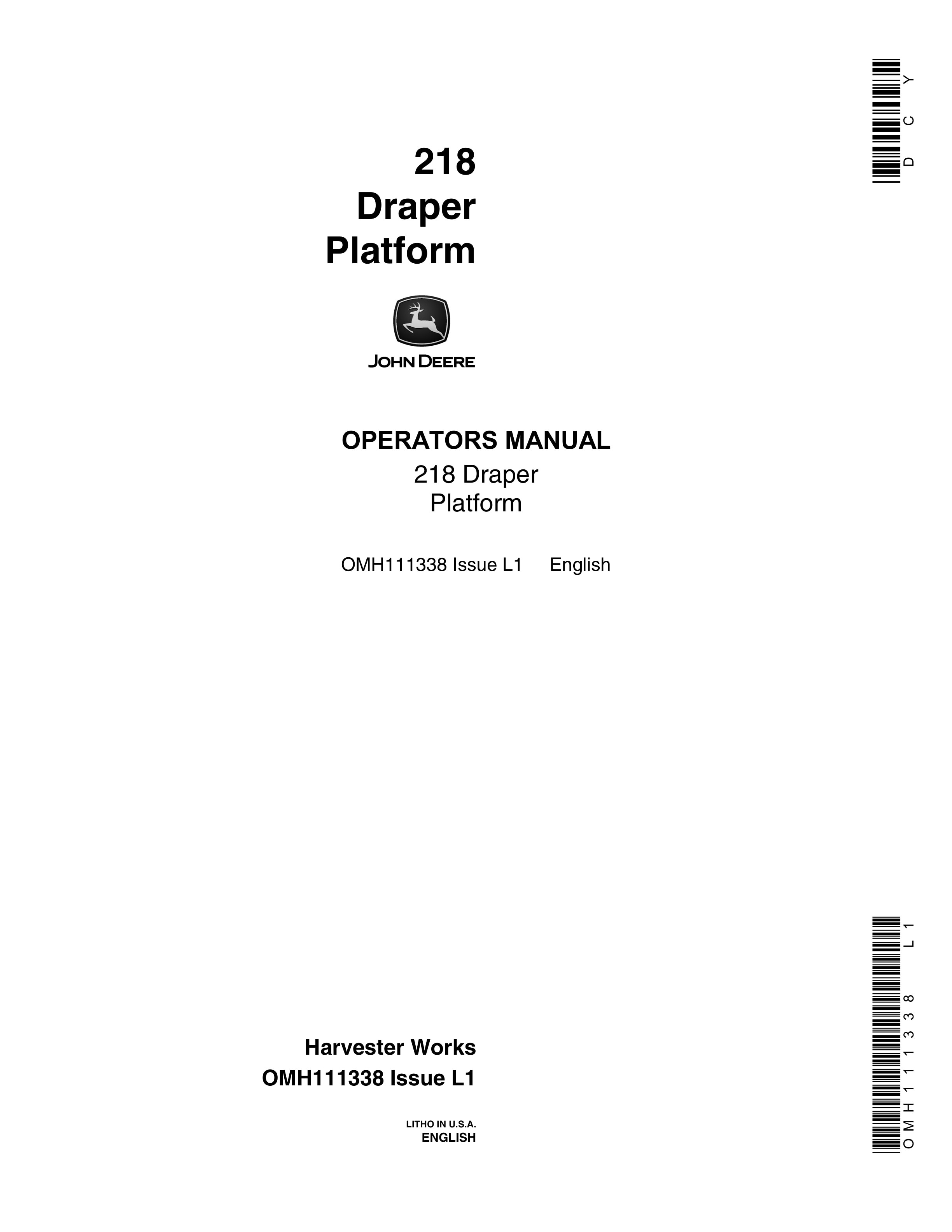 John Deere 218 Draper Platform Operator Manual OMH111338 1