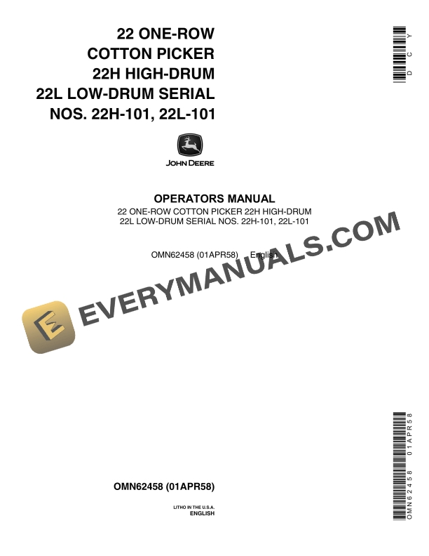 John Deere 22 ONE ROW COTTON PICKER 22H HIGH Operator Manual OMN62458 1
