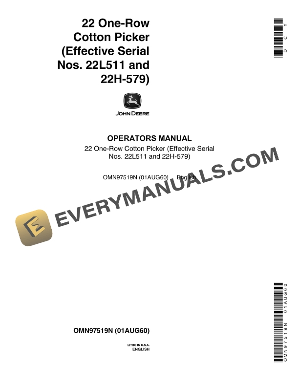 John Deere 22 One Row Cotton Picker Operator Manual OMN97519N 1