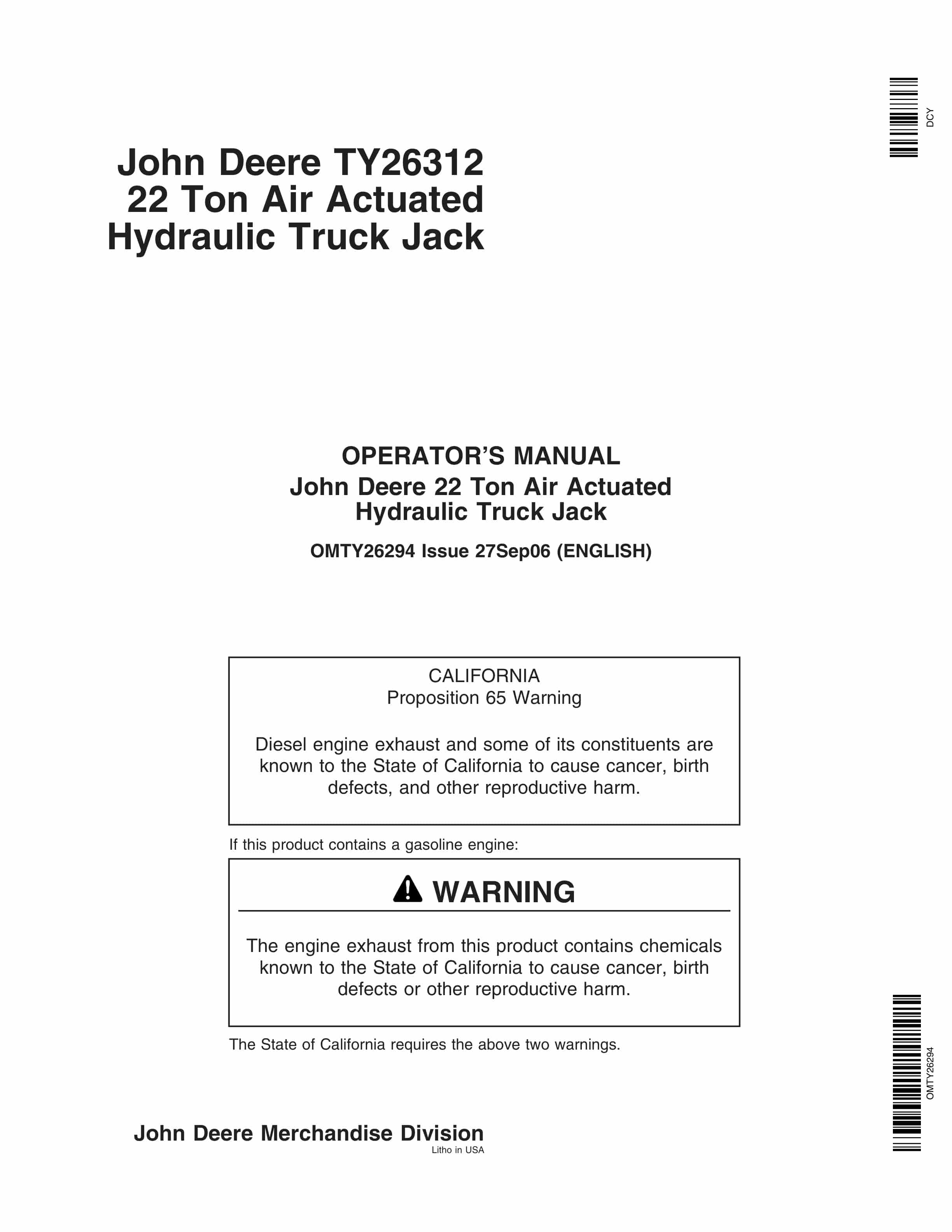 John Deere 22 Ton Air Actuated Hydraulic Truck Jack Operator Manual OMTY26294 1