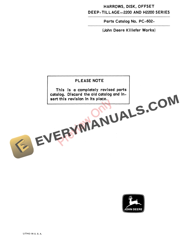 John Deere 2200 and H2200 Series Offset Disk Harrows Parts Catalog PC602 01FEB67 1