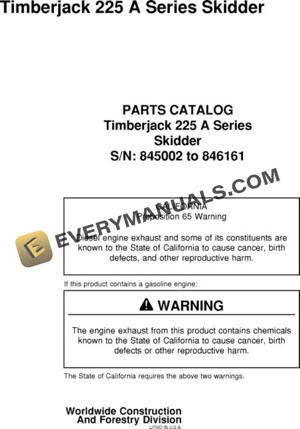 John Deere 225 230 Skidder Parts Catalog WC845002