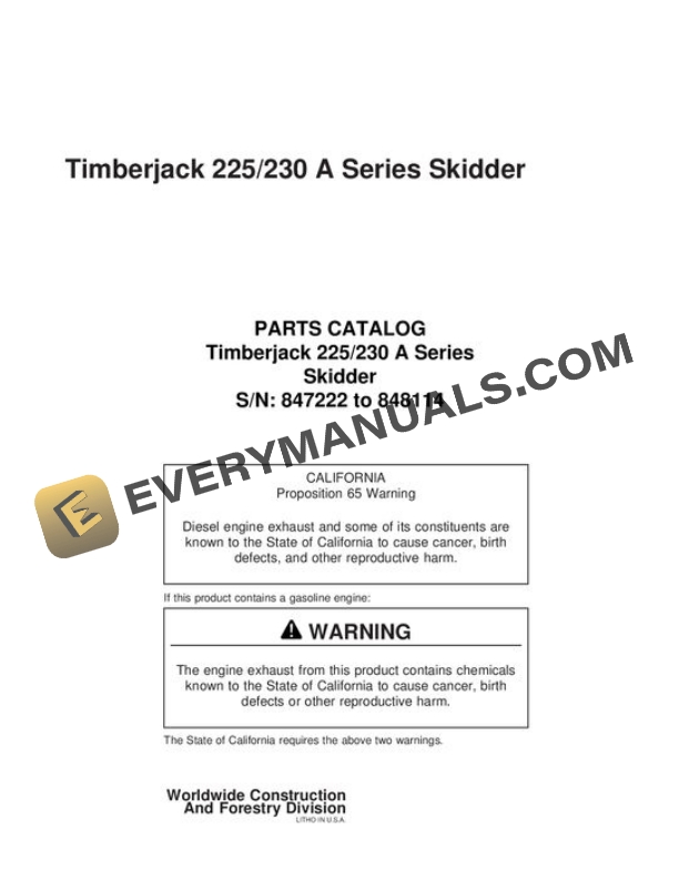 John Deere 225 230 Skidder Parts Catalog WC847222