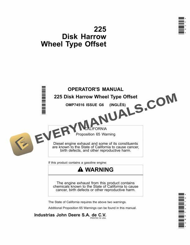 John Deere 225 Disk Harrow Wheel Type Offset Operator Manual OMP74516