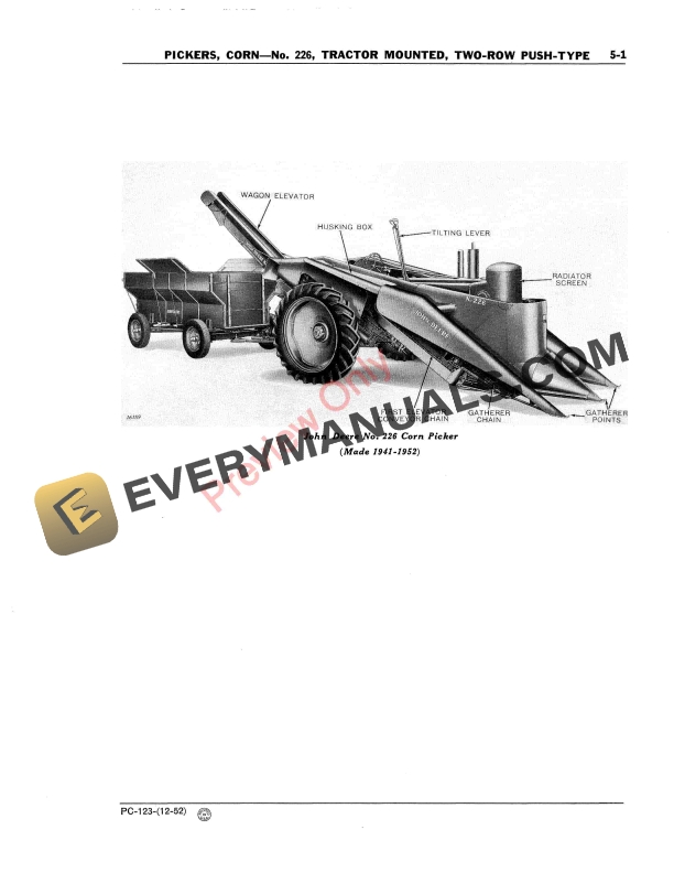 John Deere 226 Two Row Push Corn Picker Parts Catalog PC123 01DEC52