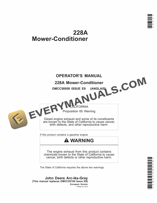 John Deere 228A Mower Conditioner Operator Manual OMCC58958 1