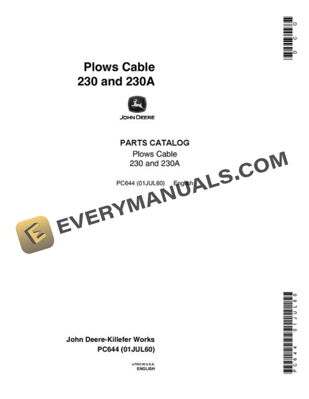 John Deere 230 230A Attachment Parts Catalog PC644