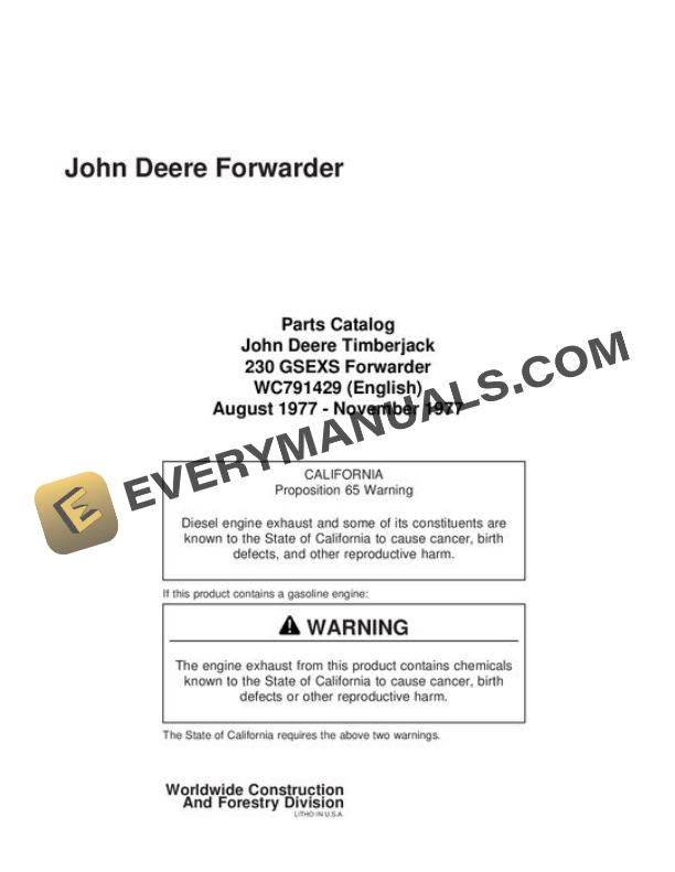 John Deere 230 Forwarder Parts Catalog WC791429