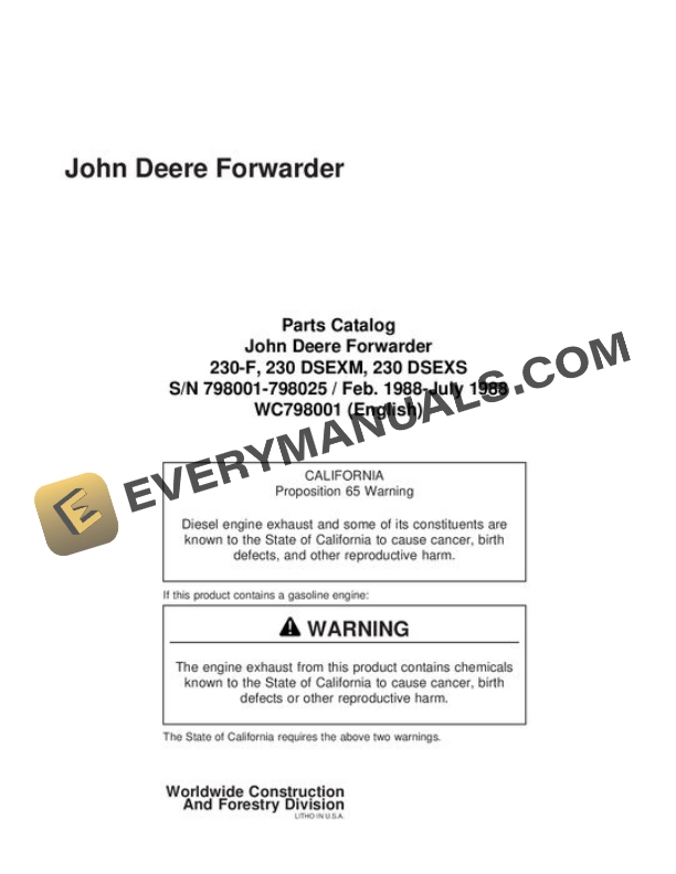 John Deere 230 Forwarder Parts Catalog WC798001
