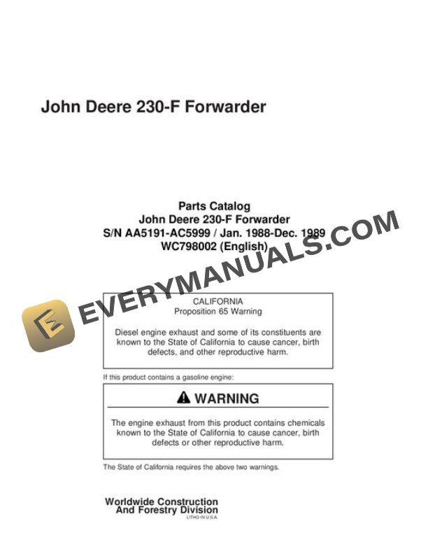 John Deere 230 Forwarder Parts Catalog WC798002
