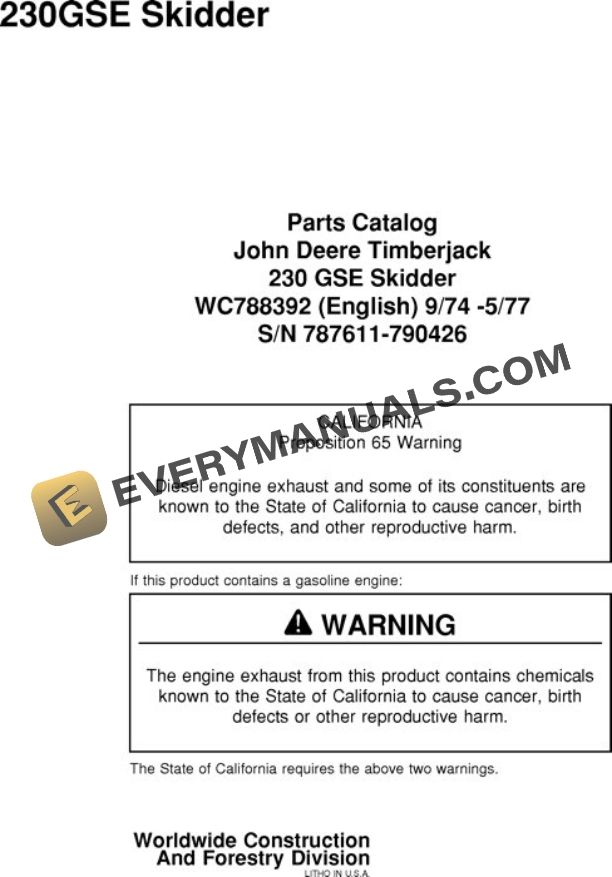John Deere 230 Skidder Parts Catalog WC788392