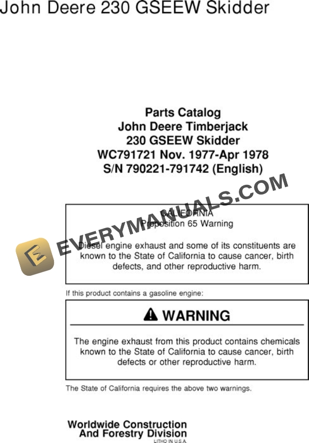 John Deere 230 Skidder Parts Catalog WC791721