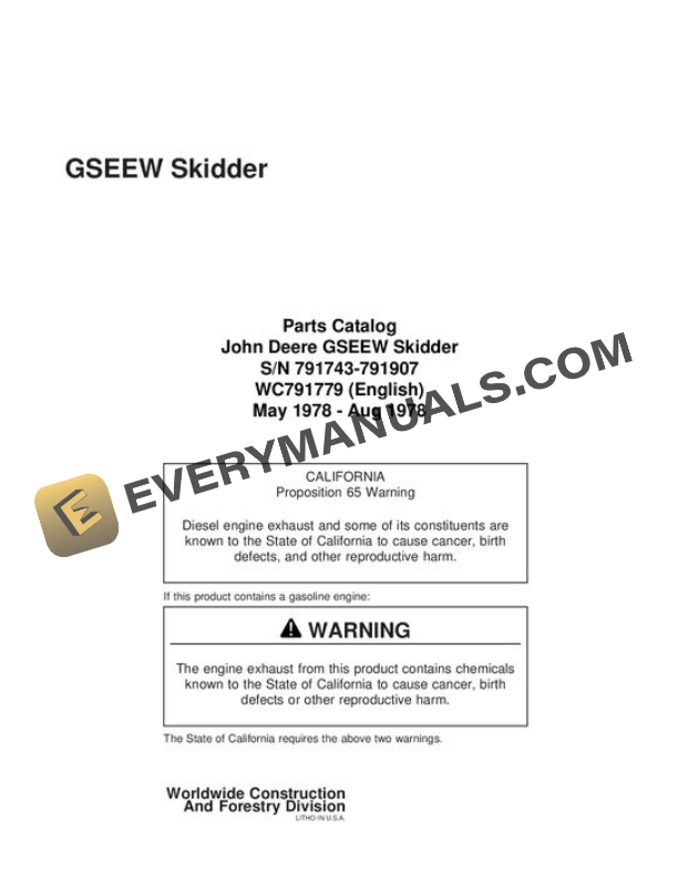 John Deere 230 Skidder Parts Catalog WC791779