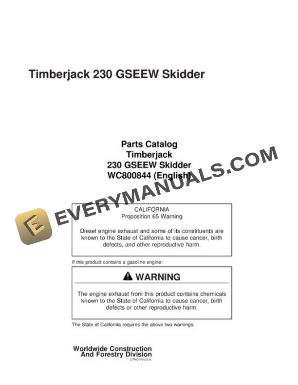 John Deere 230 Skidder Parts Catalog WC800844
