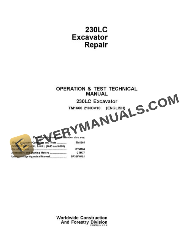 John Deere 230LC Excavator Repair Manual TM1666