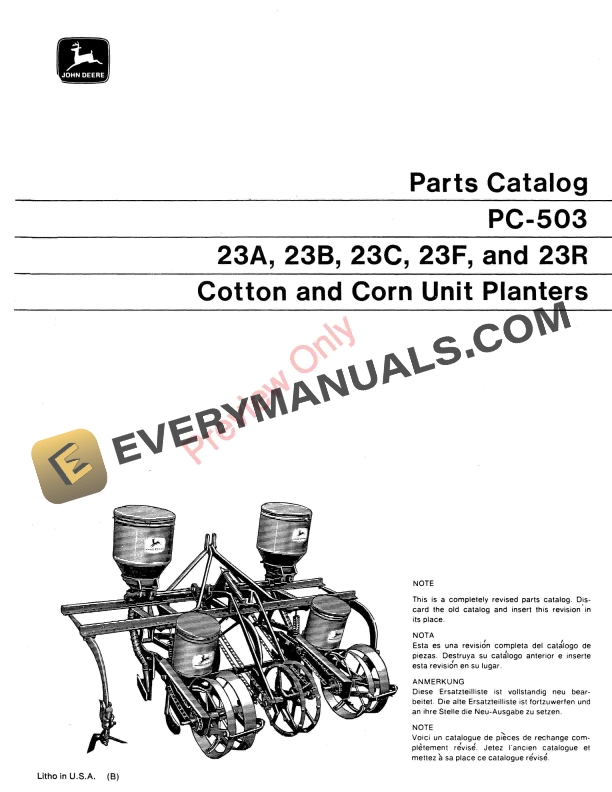 John Deere 23A 23B 23C 23F 23R Cotton and Corn Unit Planters Parts Catalog PC503 01MAY70 1