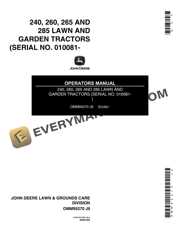 John Deere 240, 260, 265, 285 Lawn and Garden Tractors Operator Manual OMM95270