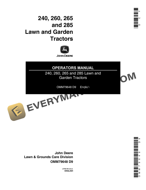 John Deere 240 260 265 and 285 Lawn and Garden Tractors Operator Manual OMM79648 1