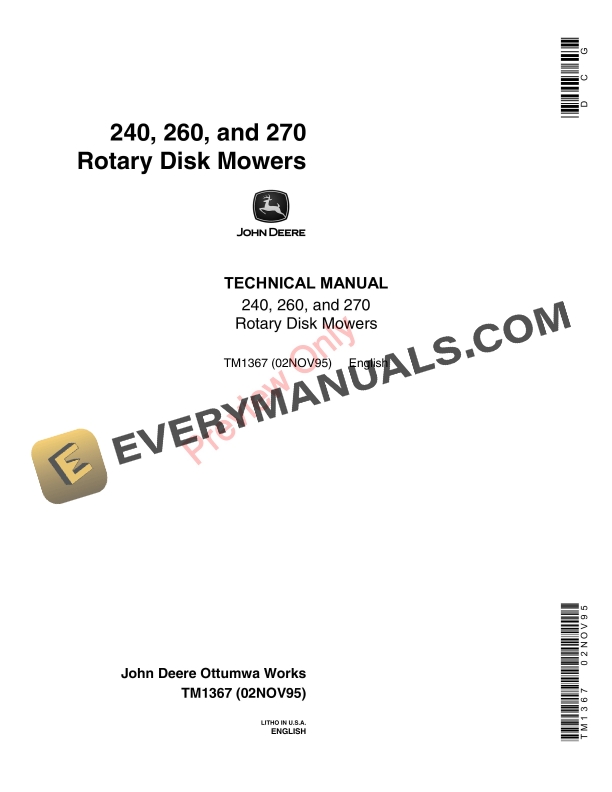 John Deere 240, 260 and 270 Rotary Disk Mowers Technical Manual TM1367 02NOV95