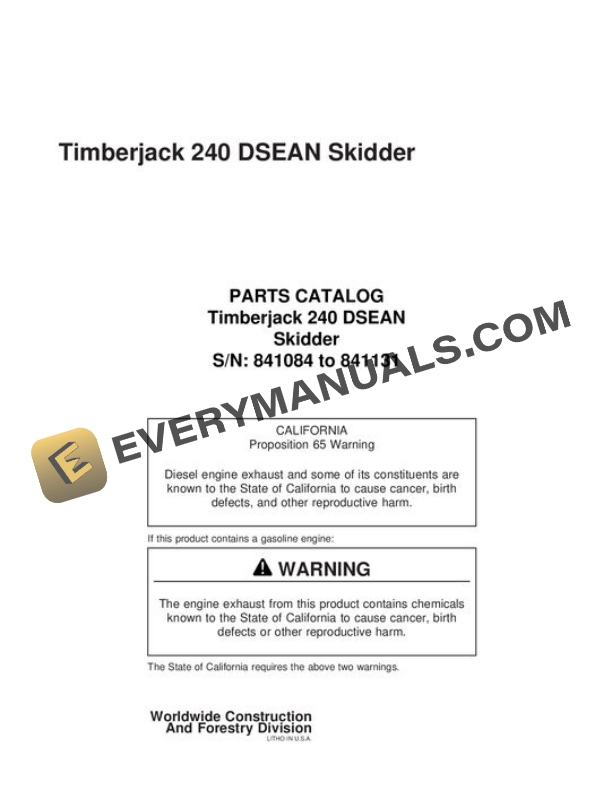 John Deere 240 Skidder Parts Catalog WC841086